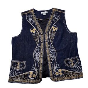 Coldwater Creek Denim Vest Women Size L Embellished Embroidered Gold Silver